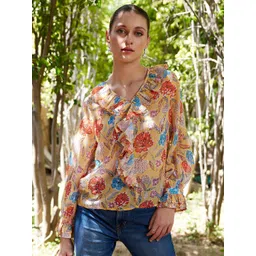 STREET 9 Yellow Floral Printed Bell Sleeve Ruffles Top-picture-37
