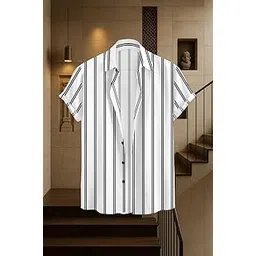 Striped Casual Button-Down Shirt, Black and White Vertical Pattern, Long Sleeves, Modern Style-picture-32