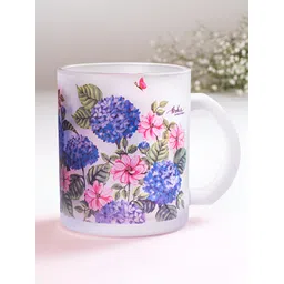 Strokes by Namrata Mehta Blue Green Hydrangea Printed Frosted Glass Mug 350 ml image 1