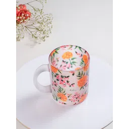 Strokes by Namrata Mehta Orange Floral Printed Glass Transparent Mug 350 ml-picture-16