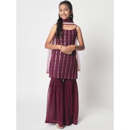 studio rasa Girls Floral Embroidered Regular Sequinned Kurti with Sharara & With Dupatta-picture-35