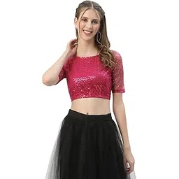 studio rasa Women's Net Sequin Embroidered Sheer Sleeves Crop Top for Wedding Party Festives-picture-37