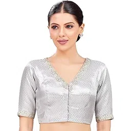 studio shringaar Crepe Women's Brocade Embroidered V-Neck Readymade Saree With Elbow Length Sleeves Blouse-picture-38