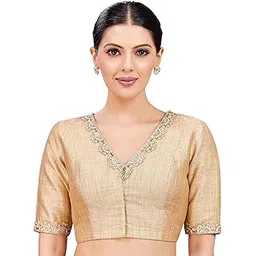 studio shringaar Crepe Women's Linen Brocade Embroidered V-Neck Readymade Saree With Elbow Length Sleeves Blouse-picture-32
