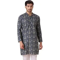 studio shringaar Men's Grey 100% Cotton Ikat Printed Relaxed Fit Knee Length Kurta-picture-37