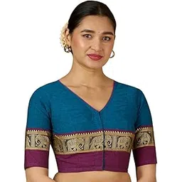 studio shringaar Women Cotton Half Sleeve Elephant Temple Border Readymade Saree Blouse-picture-20