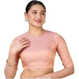 studio shringaar Women's Benaras Brocade Jewel Neck Readymade Saree Blouse-picture-31