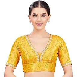 studio shringaar Women's Brocade Elbow Length Sleeves Readymade Embroidered Saree Blouse-picture-23