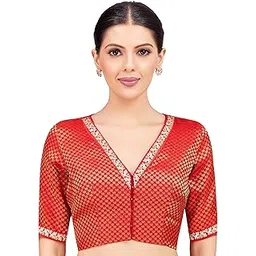 studio shringaar Women's Brocade Embroidered V-Neck Readymade Elbow Length Sleeves Saree Blouse-picture-22
