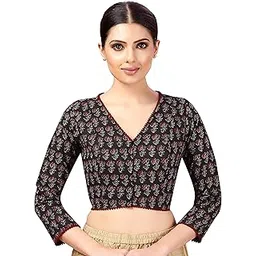 studio shringaar Women's Cotton 3/4 Sleeves Block Printed Cotton V Neck Saree Blouse-picture-13