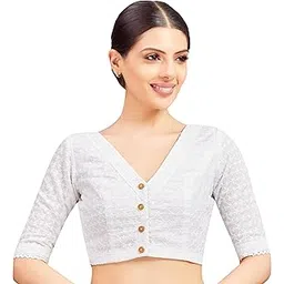 studio shringaar Women's Cotton Chikan Embroidery Saree Half Sleeve Blouse-picture-39