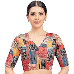 studio shringaar Women's Cotton Patchwork Printed Readymade Saree Half Sleeve Blouse-picture-47