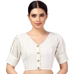 studio shringaar Women's Cotton Puff Sleeves Chikankan Embroidered Saree Blouse-picture-55