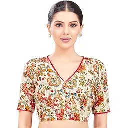 studio shringaar Women's Floral Printed Cotton Saree Elbow Length Sleeves Blouse-picture-17