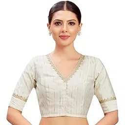 studio shringaar Women's Gold Foil Print Saree Blouse with Elbow Length Sleeves-picture-44