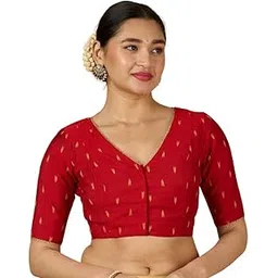 studio shringaar Women's Handloom Cotton Silk Readymade Saree Blouse with Gold Bootis-picture-42