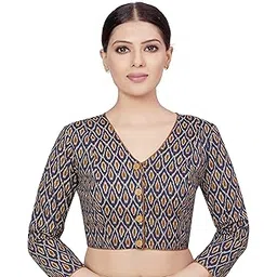 studio shringaar Women's Long Sleeve Cotton Ikat Printed Readymade Saree Blouse-picture-45
