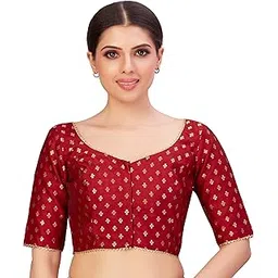 studio shringaar Women's Polyester Elbow Length Sleeves Banarasi Saree Blouse-picture-26