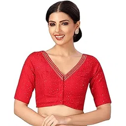 studio shringaar Women's Readymade Polyester Elbow Length Sleeves Saree Blouse with Mirror Work-picture-27