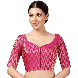 studio shringaar Women's Readymade Wave Design Banaras Brocade Saree Blouse with Elbow Length Sleeves-picture-50