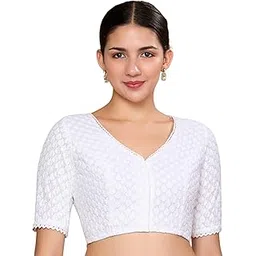 studio shringaar Women's White Lucknowi Chikankari Readymade Saree Blouse-picture-10