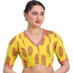 studio shringaar Women's Yellow Cotton Mulmul Block Printed Readymade Saree Blouse with Mirrorwork-picture-17