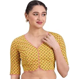 studio shringaar Women's Yellow Pure Cotton Block Printed Readymade Saree Blouse-picture-24