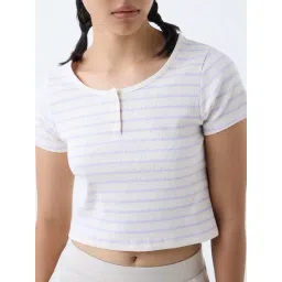 studiofit women Studiofit by Westside Off-White Striped Ribbed Cotton-Blend T-Shirt image 4