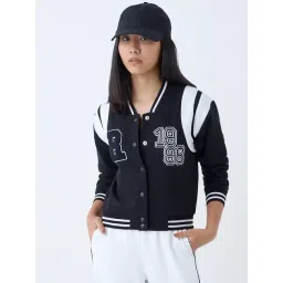 studiofit women Studiofit by Westside Black Embroidered Cotton-Blend Varsity Jacket-picture-23