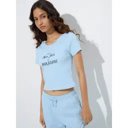 studiofit women Studiofit by Westside Light Blue Text Detailed Ribbed T-Shirt-picture-22