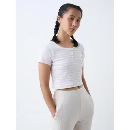 studiofit women Studiofit by Westside Off-White Striped Ribbed Cotton-Blend T-Shirt-picture-10