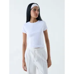 studiofit women Studiofit by Westside White Ribbed-Textured Cotton-Blend T-Shirt-picture-15