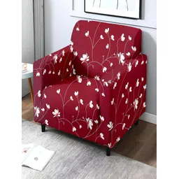 Stuff N' Fluff Maroon & White Floral Super-Stretchable 1-Seater Sofa Cover With Arms-picture-13