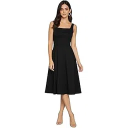 stycent Women’s Solid Black Sleeveless Midi Dress | Square Neck Fit & Flare Dress | Elegant Party & Casual Wear-picture-49