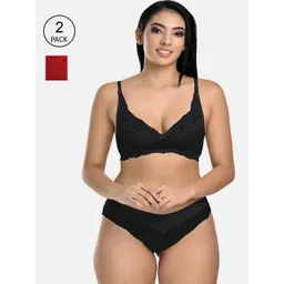 StyFun Women Pack Of 2 Maroon & Black Floral Lace Lingerie Set-picture-18