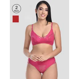 StyFun Women Pack of 2 Pink, Maroon Self Design Cotton Lycra Net Bra & Panty Lingerie Set-picture-20
