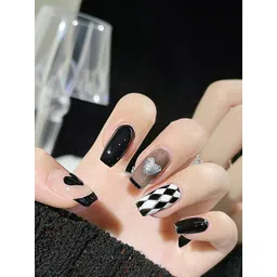 STYFY Set Of 24 Reusable Press On Artificial Nails & Kit Black & White Chess Board-picture-24