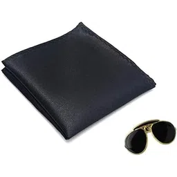 style along Black Mens Solid Micro Fiber Silk Satin Pocket Square Handkerchiefs and Black Aviator Lapel Pin Brooch/Shirt Stud Brooch for Men- Pack of 2-picture-37