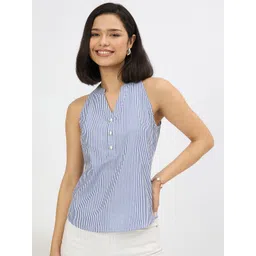 STYLE BLUSH Shirley Women Striped Mandarin Collar Cotton Top-picture-14