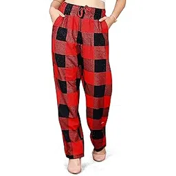 style circle Women's Cotton Buffalo Check Track Pants, Loose Fit, High Rise, with Pockets, Red and Black-picture-35