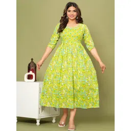 Style Heaven Women Green Floral Printed Round Neck Cotton Fit & Flare Midi Maternity Dress-picture-37