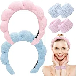 6Pcs - 2 Spa Headbands and 4 Wristbands Set for Women - Perfect for Skincare, Face Washing & Makeup, Puffy Soft Headbands for Girls & Women, Cute Versed Terry Cloth Sponge Headband for Women-image-26