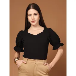 Formal Puff Sleeves Solid Women Black Top-image-2