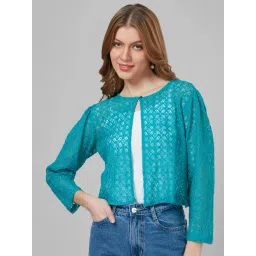 Style Quotient Blue Cotton Self Design Crop Shrug-picture-19