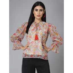 Style Quotient Cream Colour Floral Printed Tie-Up Neck Puff Sleeves Regular Top-picture-26