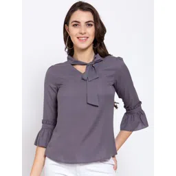 Style Quotient Grey Tie-Up Neck Flared Sleeves Crepe Regular Top-picture-12