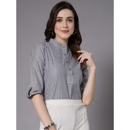 Style Quotient Grey Vertical Striped Mandarin Collar Shirt Style Top-picture-42