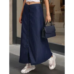style quotient <p>Blue solid A-line maxi skirt, has a button closure, and a straight hem</p>-picture-37