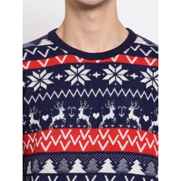 Style Quotient Men Navy Blue & White Christmas Pullover image 3