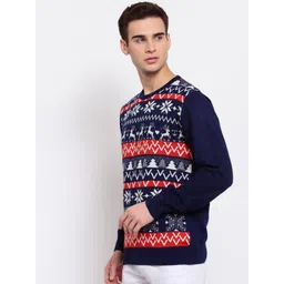 Style Quotient Men Navy Blue & White Christmas Pullover image 4